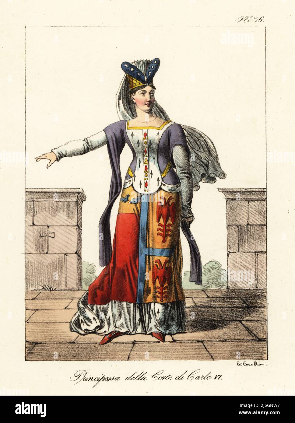 Costume d'une princesse française à la cour du roi Charles VI, fin du 14th siècle. En grand corned headaddress avec voile long, robe à manches longues, avant hermine ornée de bijoux, jupe d'armoiries avec ourlet hermine. Les filles de Charles le Mad comprenaient Isabella, Joan, Marie, Michellle, Catherine. Princesse de la cour de Charles VI Banque D'Images