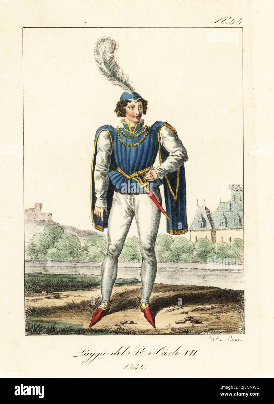 Costume d'une page au Roi Charles VII de France, 1440. Chapeau plumé, double plissé à manches fendues, ceinture dorée avec poignard, pantalons, chaussures pointues. Page du Roi Charles VII Lithographie de couleur main par Lorenzo Bianchi d'après Hippolyte Lecomte de Costuci civili e militarari della monarchia francese dal 1200 al 1820, Naples, 1825. Édition italienne des costumes civils et militaires de Lecomte de la monarchie française de 1200 à 1820. Banque D'Images