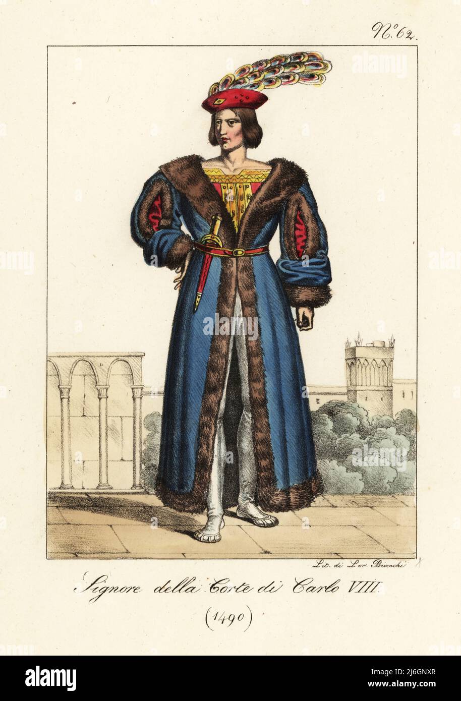 Costume d'un seigneur français à la cour du roi Charles VIII, 1490. En casquette avec panaches paon, manteau doublé de fourrure, double brodé, flexible, chaussures, avec dispositif de sécurité dans le tapis. Seigneur de la cour de Charles VIII (1490). Lithographie de couleur main par Lorenzo Bianchi d'après Hippolyte Lecomte de Costuci civili e militarari della monarchia francese dal 1200 al 1820, Naples, 1825. Édition italienne des costumes civils et militaires de Lecomte de la monarchie française de 1200 à 1820. Banque D'Images