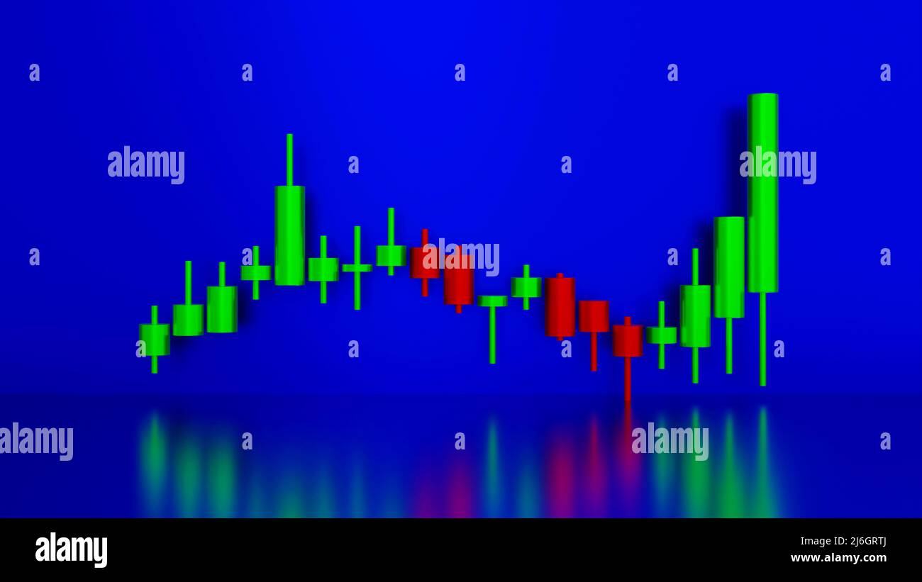 Graphique en bâton de bougie vert et rouge, concept d'investissement, indicateur de tendance pour le marché boursier, rendu 3D. Banque D'Images