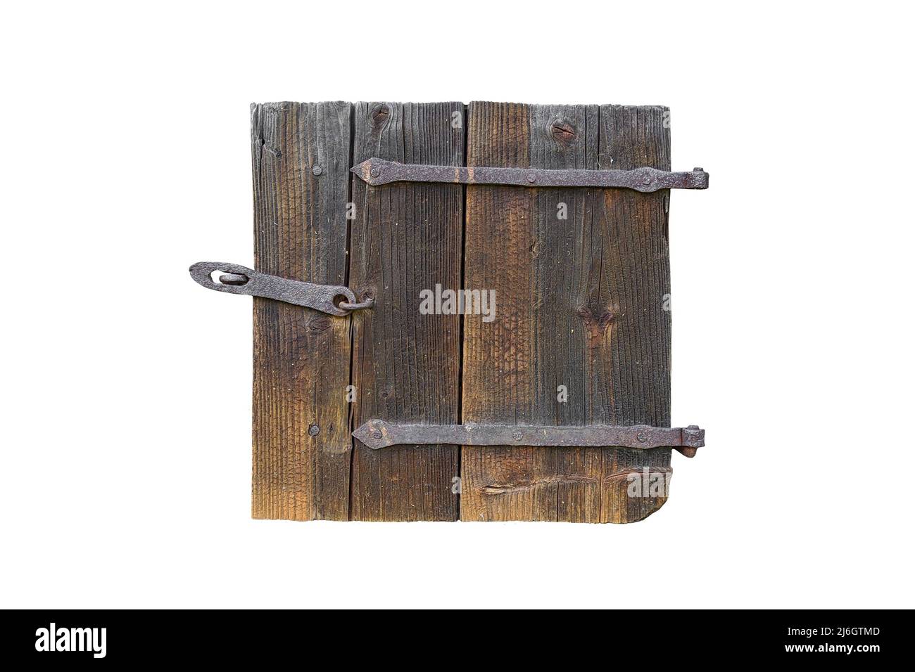 petite porte rustique en bois avec charnières en fer forgé et une serrure pour la serrure. isolée sur fond blanc Banque D'Images
