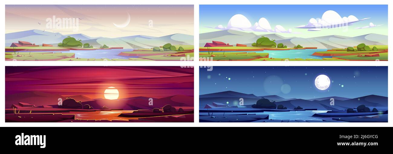 Paysage de la nature de dessins animés tôt le matin, jour, coucher du soleil en soirée et heure de nuit. Terrain vert avec étang, herbe, rochers paysages pittoresques, scènes naturelles tranquilles, illustration vectorielle, décor Illustration de Vecteur