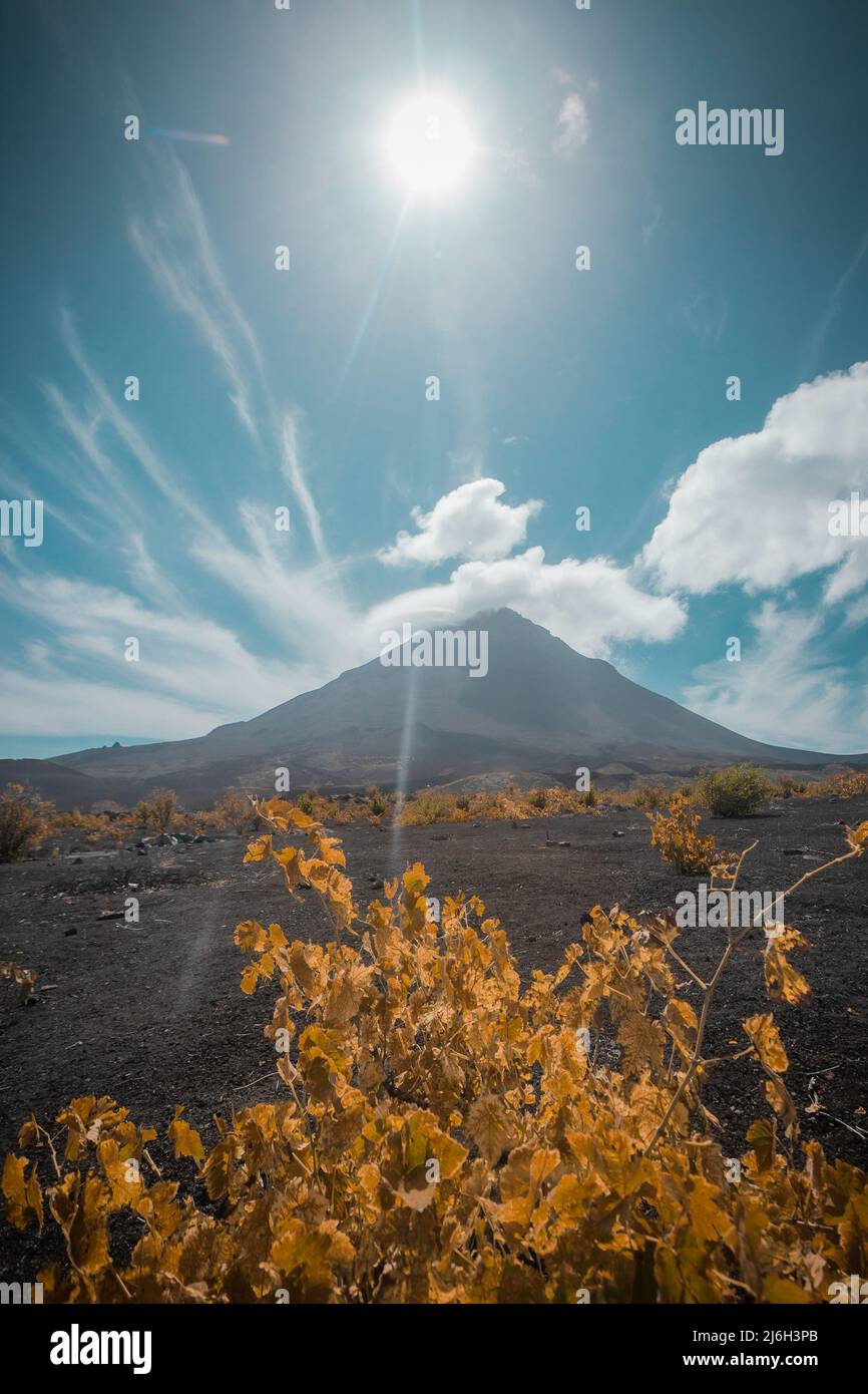 Pico do Fogo, volcan sur l'île de Fogo sur les îles de Cabo Verde, avec quelques herbes et des rochers au premier plan. Banque D'Images