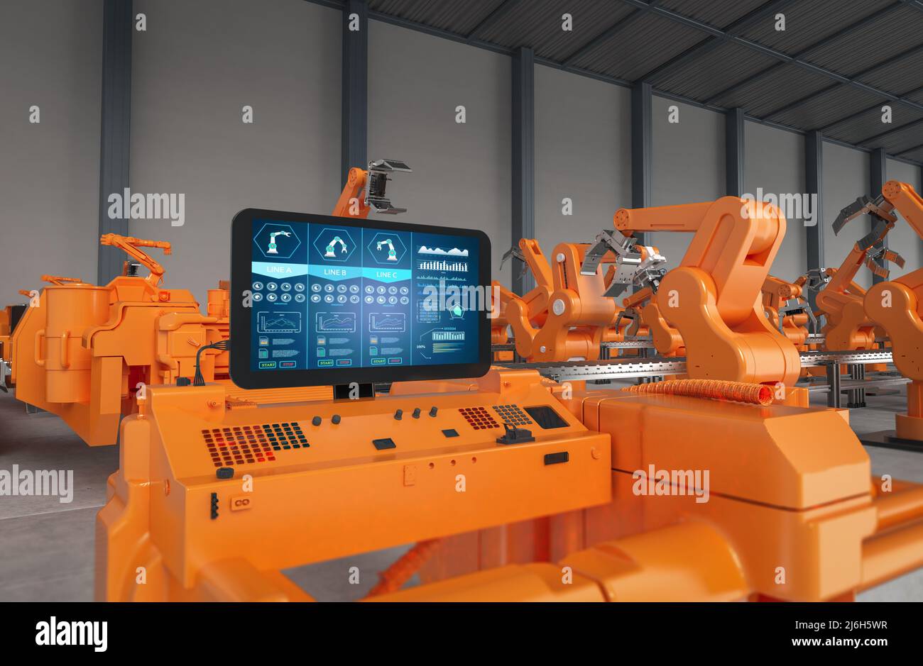 Concept Factory Automation avec rendu 3d'écran panneau de commande avec bras robotisés Banque D'Images