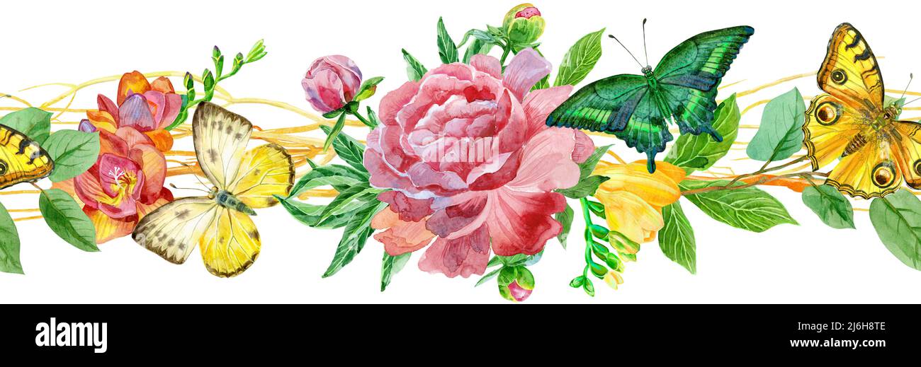 Bordure fleurie sans couture avec papillons jaunes, pivoine et freesia sur fond blanc. Design artistique pour l'impression florale pour l'emballage, le textile, le wallpa Banque D'Images