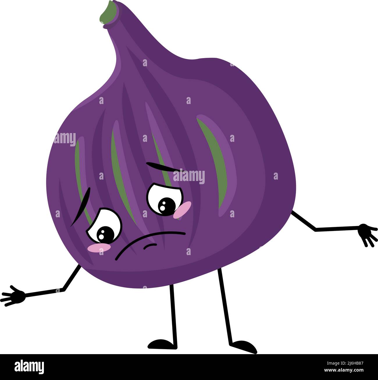 Personnage de Fig avec des émotions tristes, visage déprimé, les yeux, les bras et les jambes. Personne avec expression mélancolique, émoticône violet de fruit. Illustration vectorielle plate Illustration de Vecteur