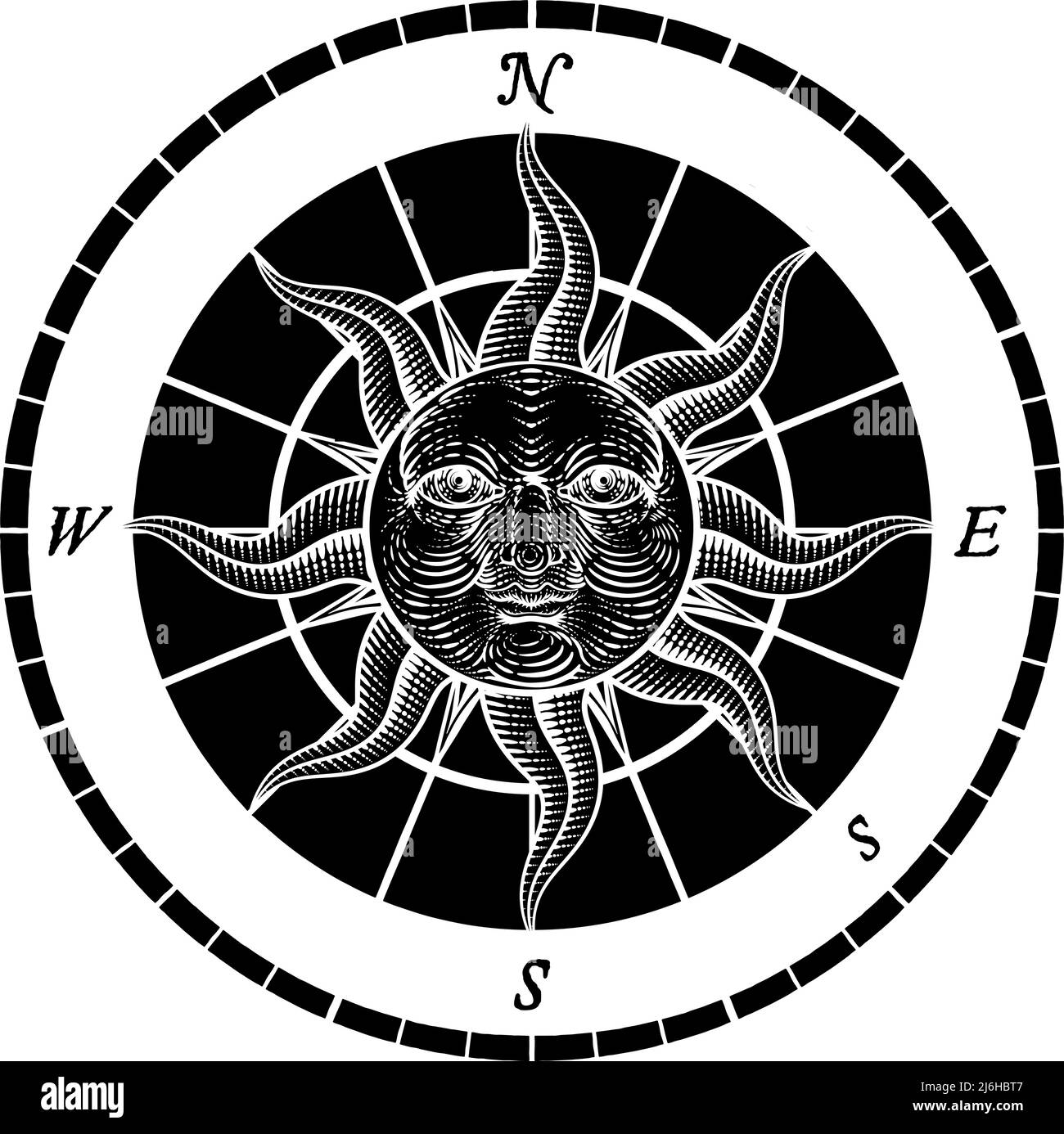 Compass Sun face gravure Rose Woodcut dessin Illustration de Vecteur