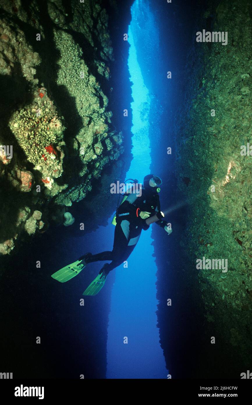 Plongée sous-marine au spot 'Canyon', littoral rocheux, Kas, Turquie, mer Méditerranée Banque D'Images