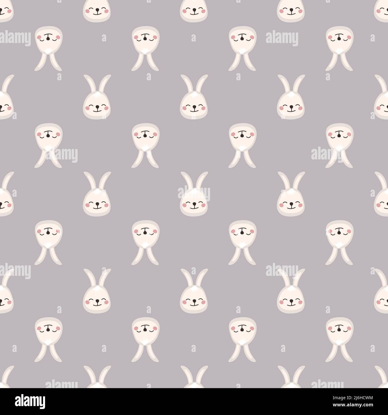 Motif sans couture avec joli lièvre pour les enfants, museau de sourire et yeux sur fond gris. Imprimé amusant de lapin au visage heureux. Illustration vectorielle plate pour les vacances Illustration de Vecteur