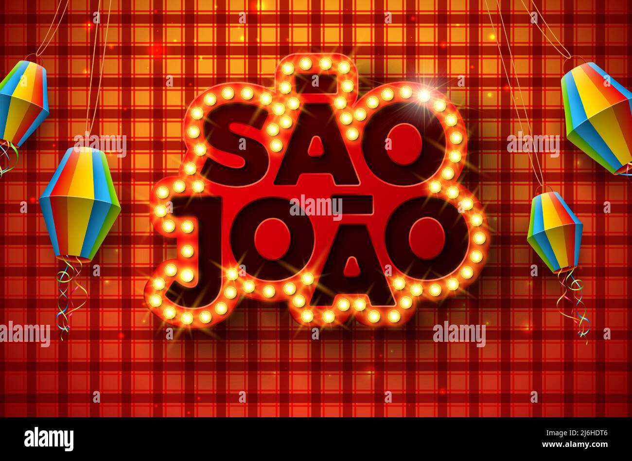 Festa Junina Illustration avec ampoule panneau d'affichage Letteing et lanterne en papier sur fond à carreaux rouges. Vector Brésil juin Festival Sao Joao Illustration de Vecteur