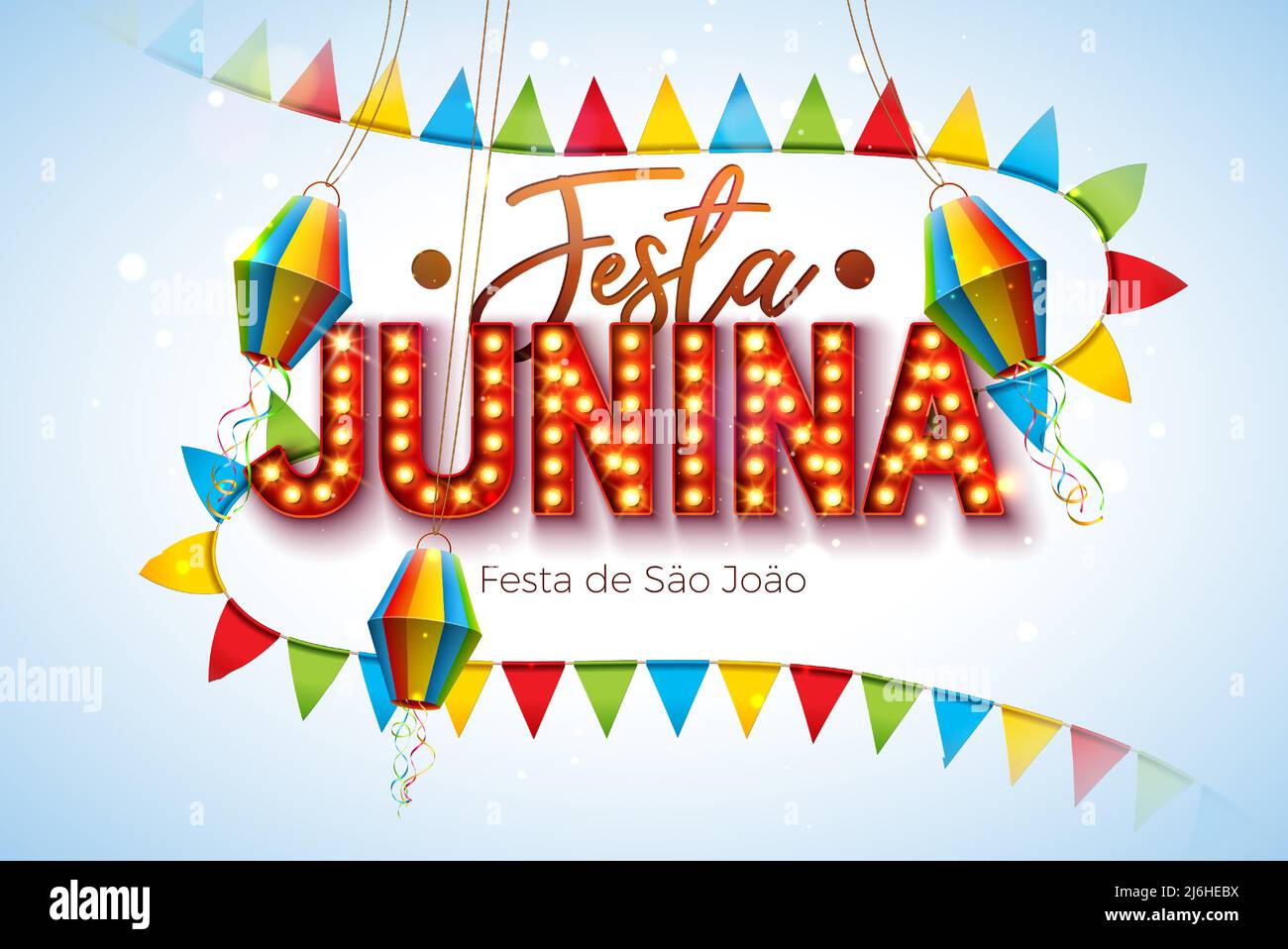 Festa Junina Illustration avec lanterne en papier, drapeaux de fête et ampoule de panneau d'affichage lettre sur fond propre. Vector Brésil Festival de juin de Sao Joao Illustration de Vecteur
