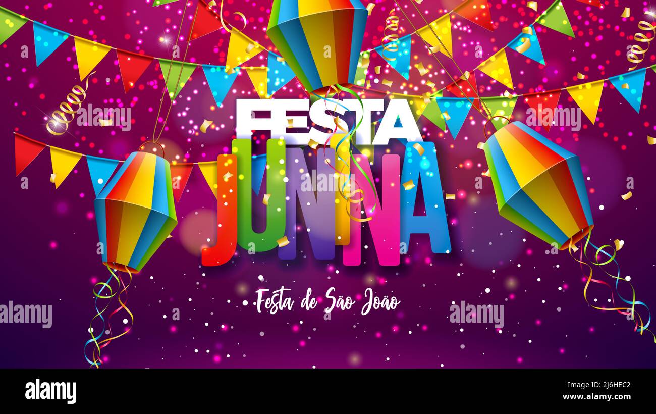 Festa Junina Illustration avec drapeaux de partie et lanterne en papier sur fond violet. Vector Brésil juin Sao Joao Festival Design avec 3D lettrage pour Illustration de Vecteur