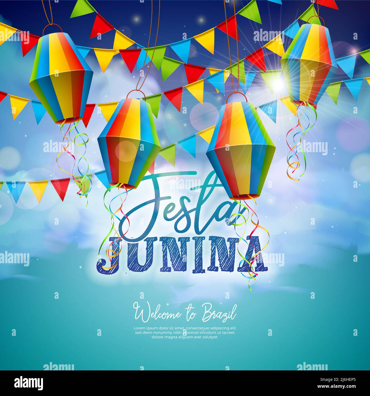 Festa Junina Illustration avec drapeaux de fête et lanterne en papier sur fond ciel nuageux bleu. Vector Brésil juin Festival de Sao Joao Design pour Banner Illustration de Vecteur