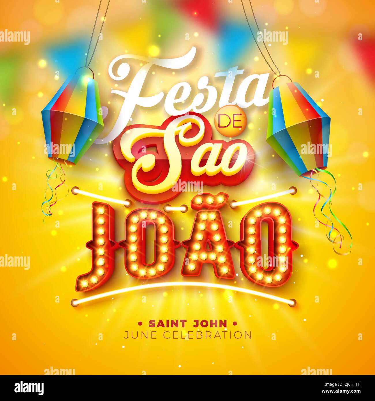 Festa Junina Illustration avec lanterne en papier et 3D Sao Joao lettrage et ampoule de panneau sur fond jaune. Festival de juin Vector Brésil Illustration de Vecteur