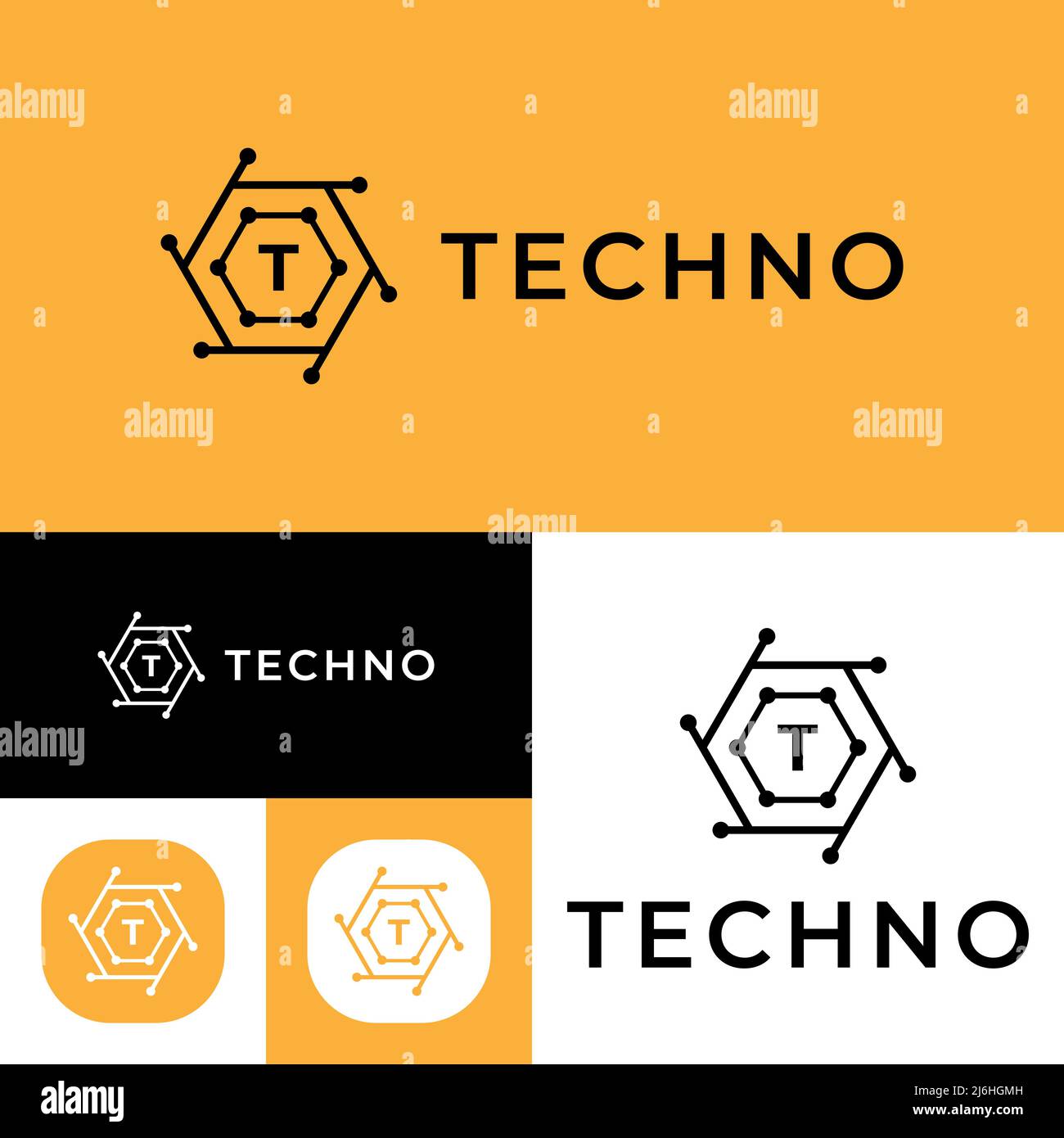 Logo de la technologie. Modèle de logo TECH circuit.Illustration vectorielle.Noir, jaune et blanc. Illustration de Vecteur