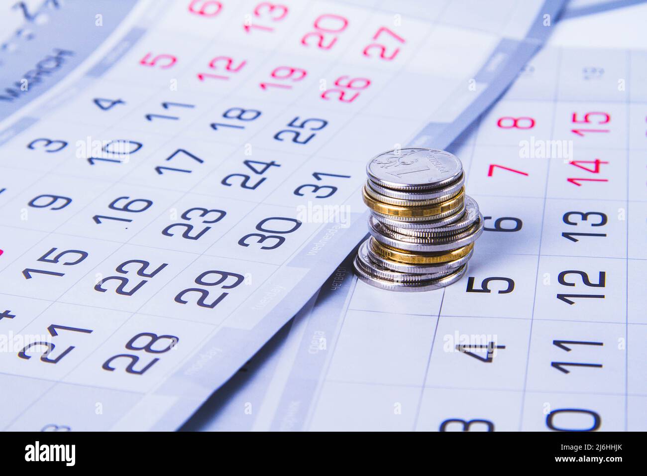 Planification budgétaire. Argent et calendrier. Salaire et avance. Recevoir un profit. Calendrier des dépenses pour l'année. Budget annuel et mensuel. Analyse et s Banque D'Images