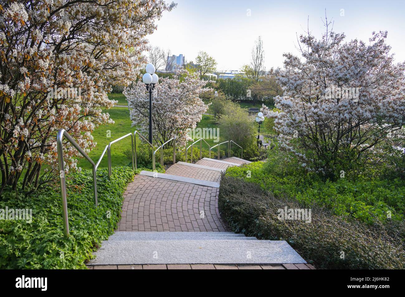 Conception de jardin sur la pente, escalier de marches en granit et pavage en briques avec une rambarde et des lampes en acier inoxydable, accompagnées d'ombres à fleurs Banque D'Images