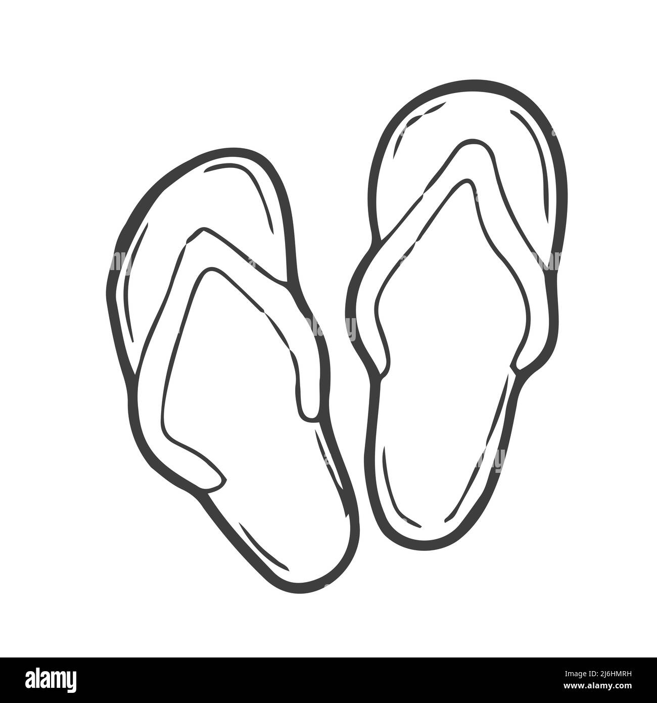 Les Flipflops se coupent à la mer chaude d'été et se détendent sur le sable chaud de la plage. Chaussures de bain de sable confortables pour les vacances. Dessin à la main rétro vintage monochr Illustration de Vecteur