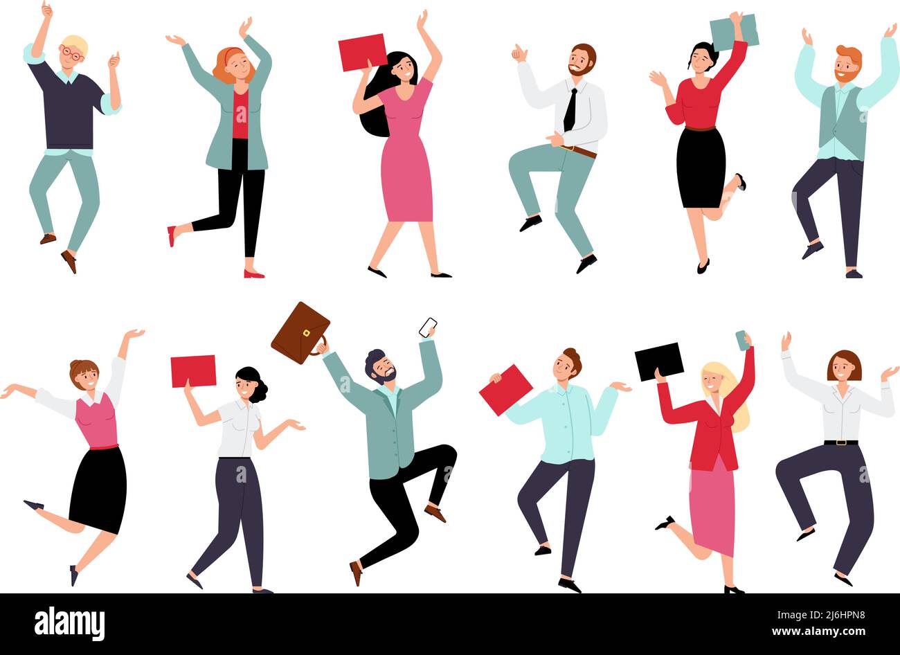 Bonne équipe d'affaires. Les gens sautant en costume de bureau, la motivation et les encouragements pour les travailleurs. Professionnels amicaux, personnages vecteur d'entreprise décents Illustration de Vecteur