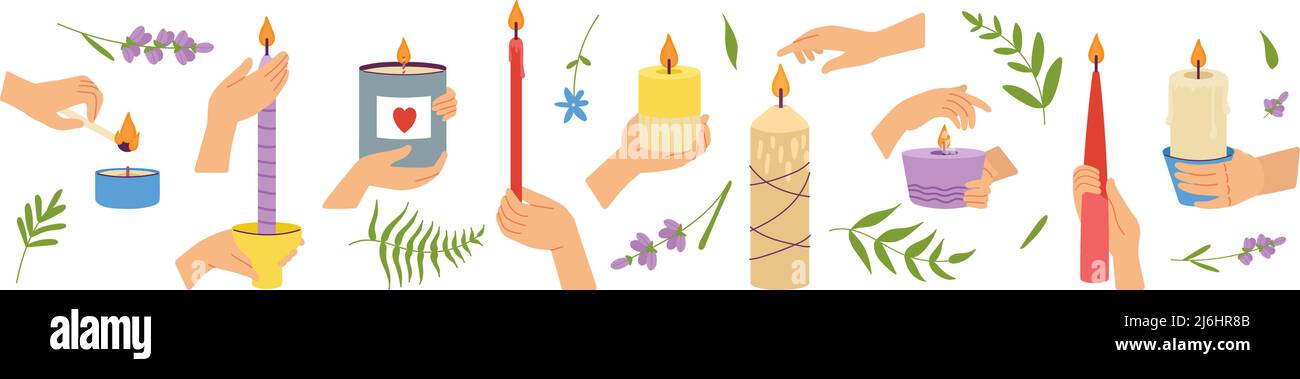 Bougie dans les mains. Bougies flamme, méditation ou éléments commémoratifs. Détente et repos, aromathérapie confortable à la maison. Cire plate bougie vecteur décent Illustration de Vecteur