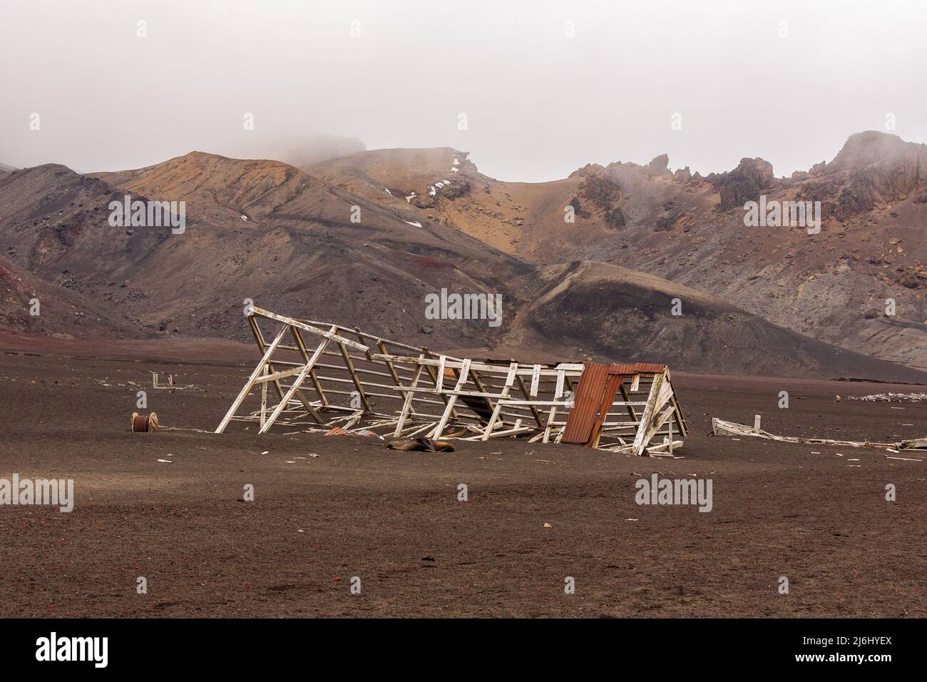 bâtiment délabré à moitié enterré par la cendre de la chasse à la baleine abandonnée et la station scientifique de l'île de tromperie antarctique Banque D'Images