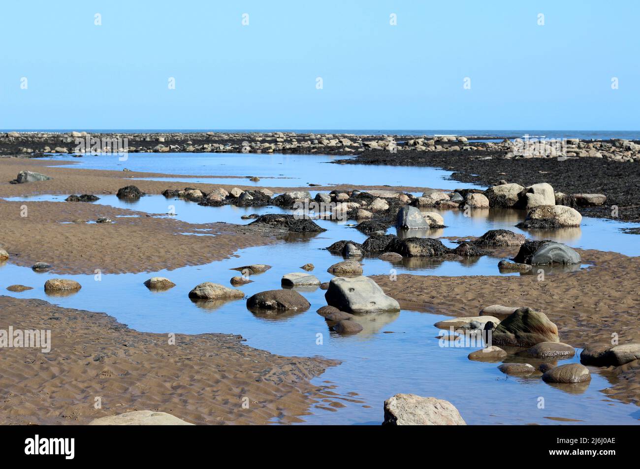 Les piscines de rochers et la mer étincelant de Robin des Bois's Bay, Yorkshire, Royaume-Uni Banque D'Images