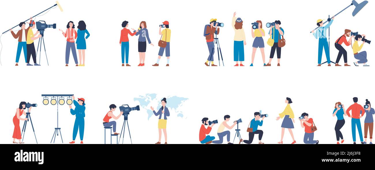 Journalistes personnages, opérateur, blogueur de voyage sur le travail. Journalistes de dessin animé à plat, professionnels des médias de masse avec des appareils photo. Émissions de télévision et photographes Illustration de Vecteur