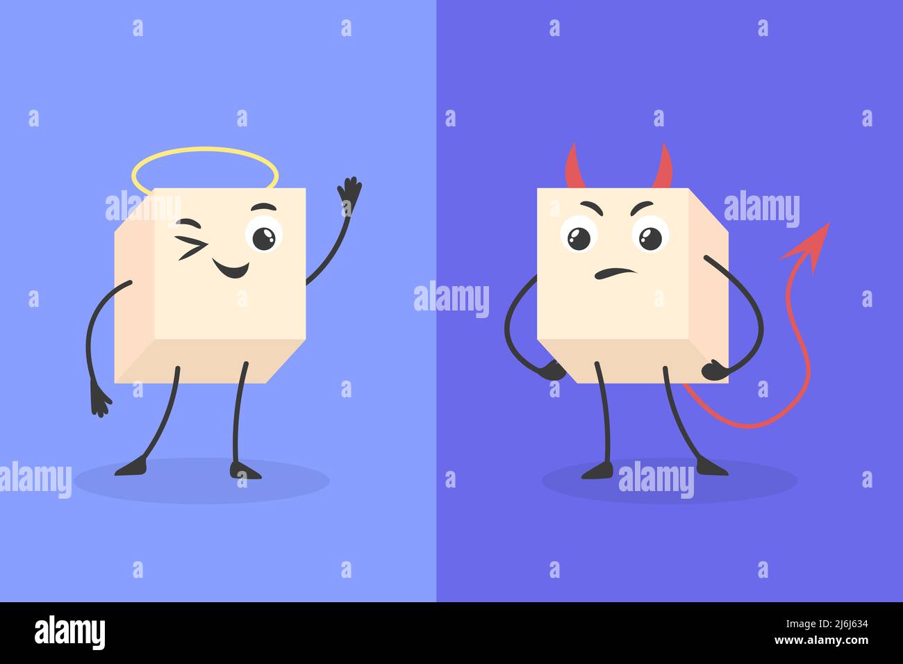 Mauvais et bon sucre de dessin animé. Sourire morceaux sucres cube caractère, bonbons diable vs ange saine alimentation malsaine, heureux sucreries visage, drôle blanc cubes dessert vecteur illustration de sucre bon ou malsain Illustration de Vecteur