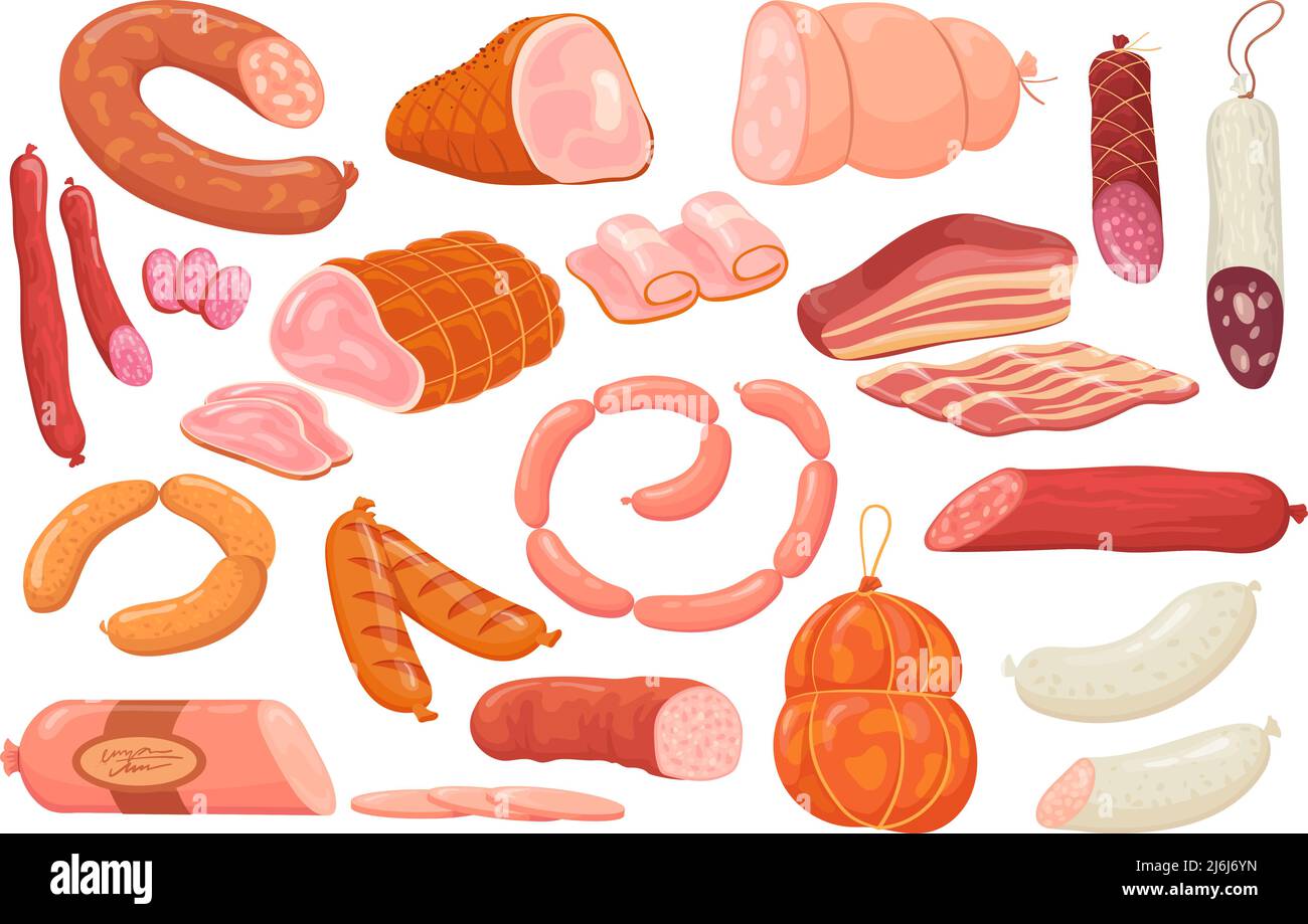 Saucisses de charcuterie de dessin animé. Saucisse de porc chorizo ou marché de viande de jambon, salami rouge savoureux poivoni fumé wurstel tranches de bacon frais boucher deli, illustration vectorielle soignée de la saucisse et du jambon Illustration de Vecteur