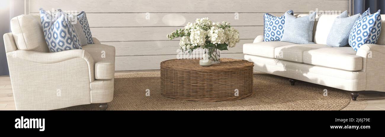 Séjour au design côtier. Faux mur blanc dans un arrière-plan intérieur confortable. Illustration de rendu 3d de style Hampton. Banque D'Images