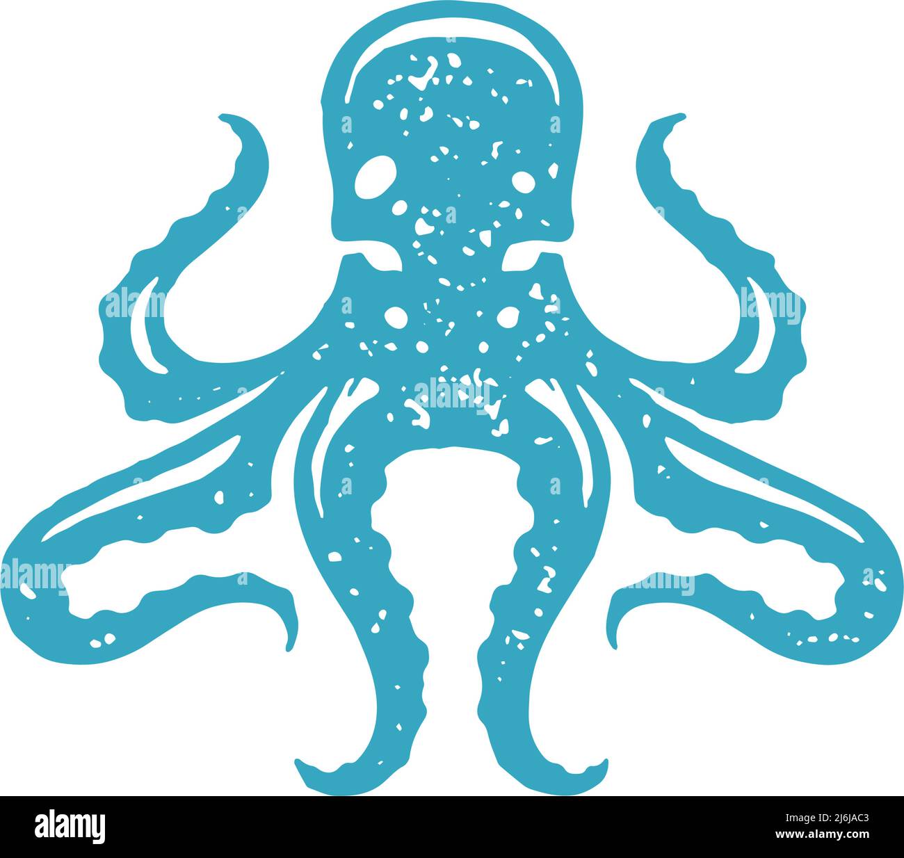 Poulpe dessinée à la main avec tentacules minimalistes Ocean Life sous-marin créature logo bleu grunge texture vecteur illustration. Monochrome danger mollusque de Illustration de Vecteur