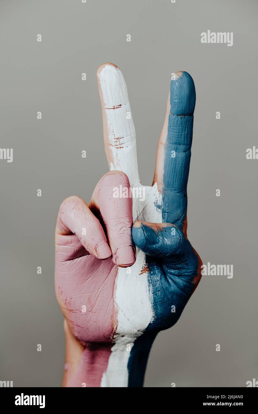 La main d'une personne qui fait le V-signe avec le drapeau de fierté transgenre peint en lui, sur un fond gris pâle Banque D'Images