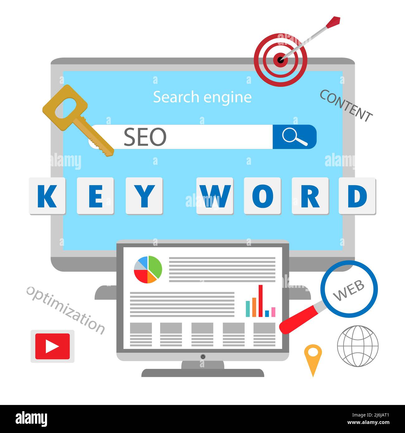 Campagne de marketing de SEO, SEM, optimisation des moteurs de recherche d'entreprise. Internet Marketing recherche de vecteur plat avec des icônes et des textes Banque D'Images