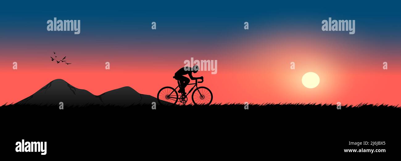 image graphique d'un homme à vélo dans la soirée avec un fond de coucher de soleil et une silhouette orange de coucher de soleil avec de l'herbe sombre sur le vecteur sol il Illustration de Vecteur