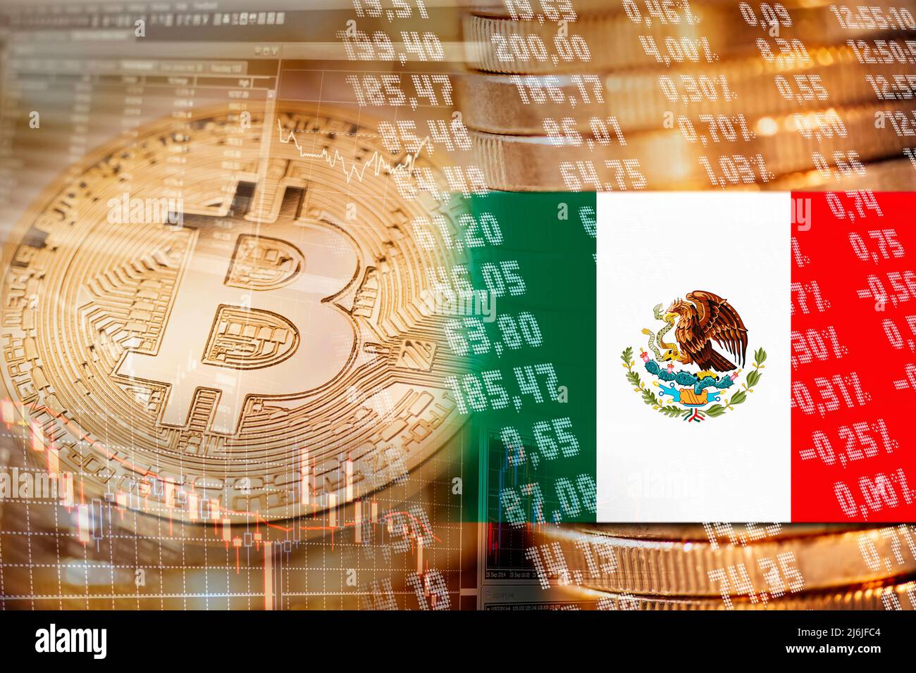 Bitcoin avec symboles du marché financier et drapeau du Mexique Banque D'Images