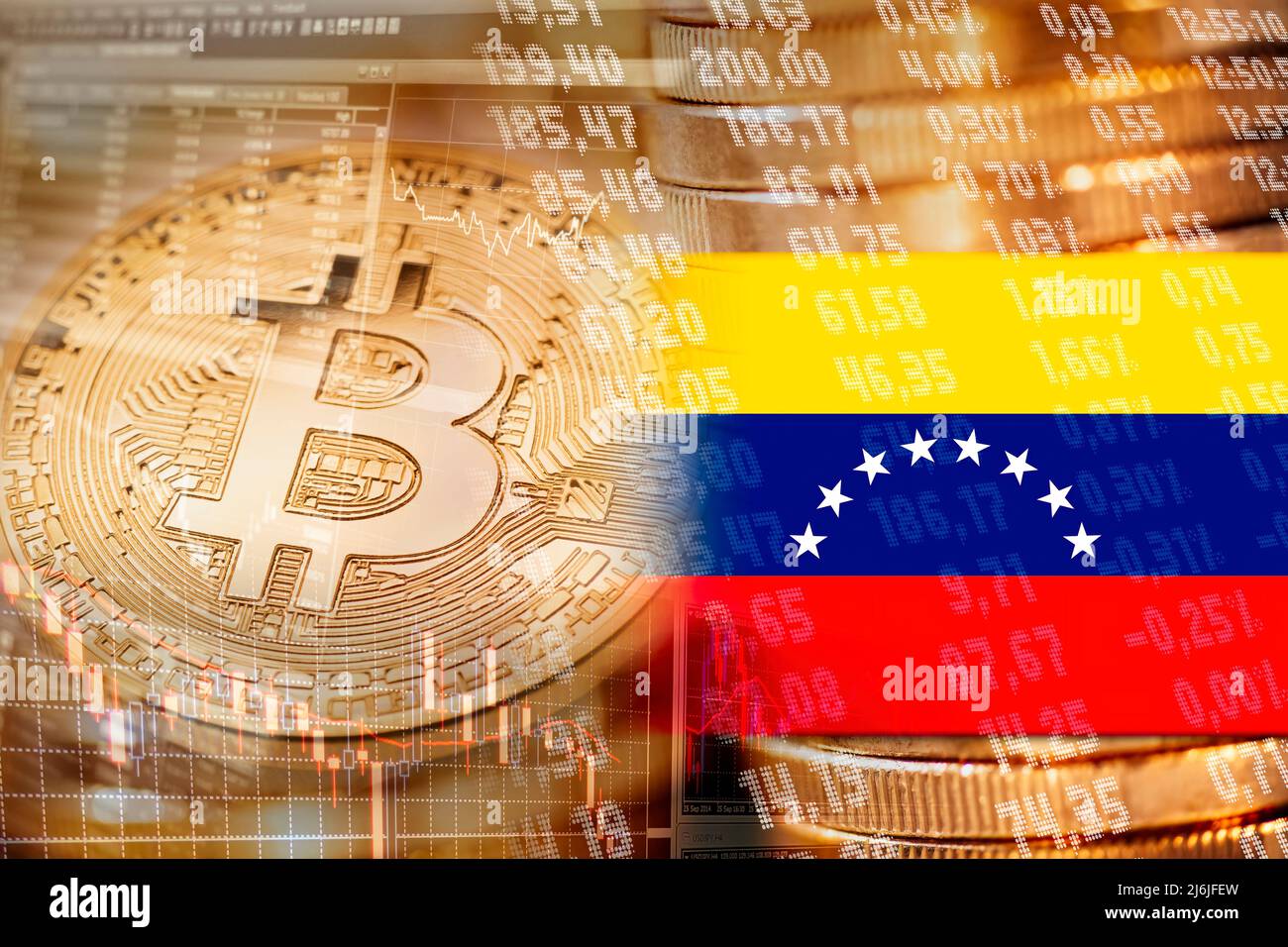 Bitcoin avec symboles du marché financier et drapeau du Venezuela Banque D'Images