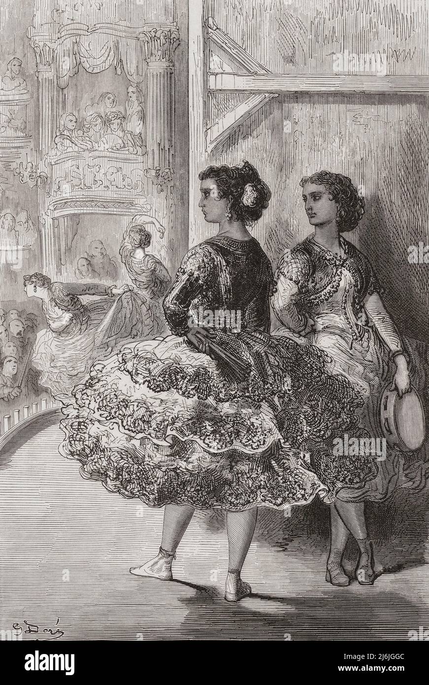Le fandango au théâtre San Fernando, Séville, Espagne. Après une oeuvre de Gustave doré. Banque D'Images