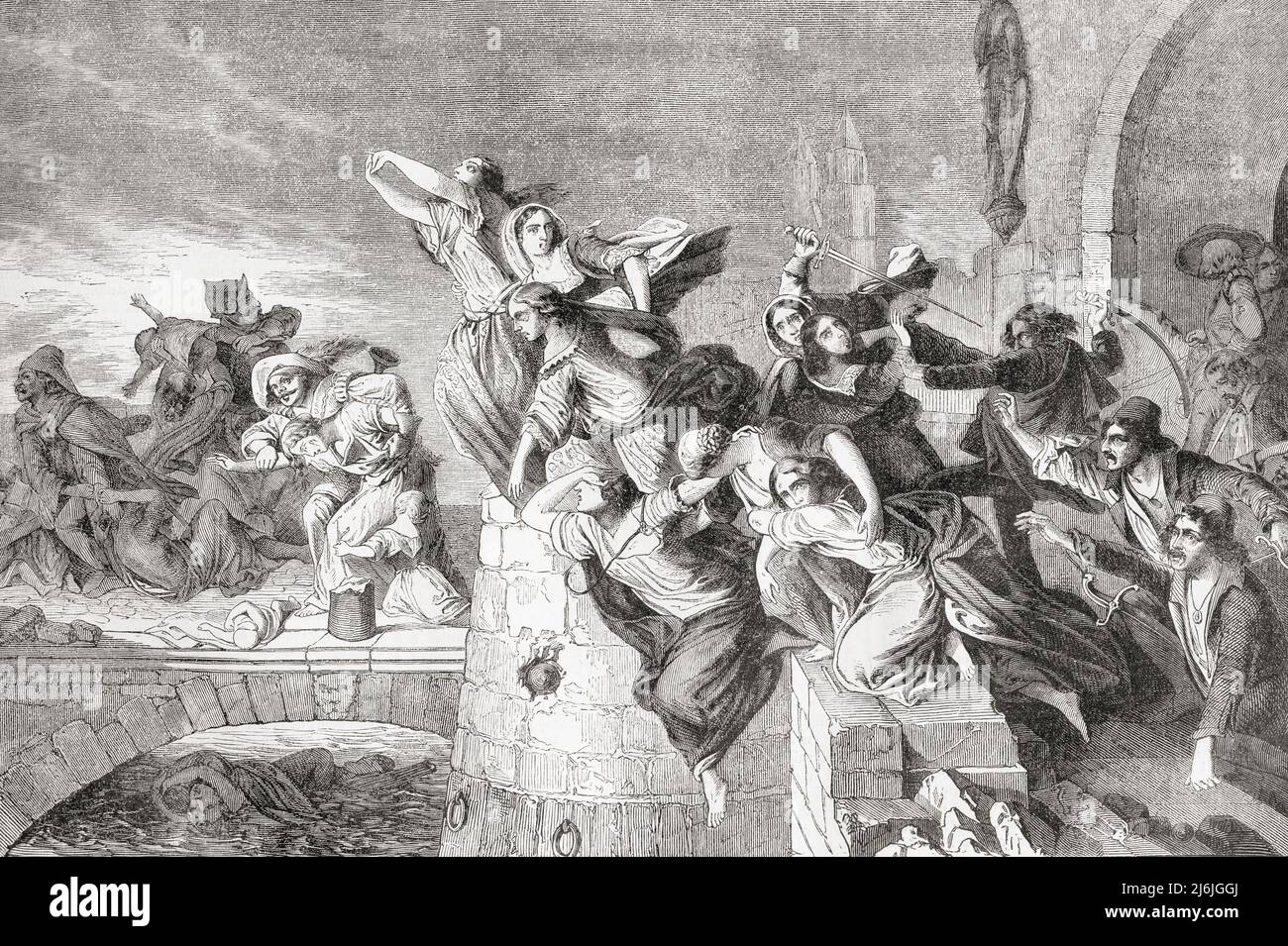 Le Sack de Magdebourg, alias mariage de Magdebourg ou sacrifice de Magdebourg. La destruction de la ville protestante de Magdebourg le 20 mai 1631 par l'Armée impériale et les forces de la Ligue catholique. De l'Univers illustrae, publié Paris, 1859 Banque D'Images