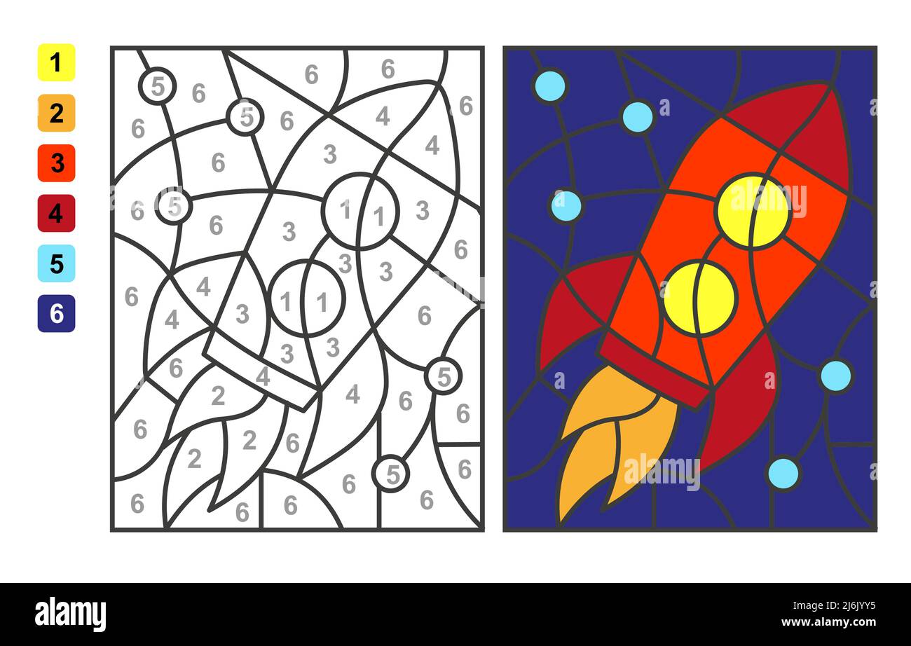Page de coloriage vectoriel couleur par numéros fusée. Jeu de puzzle