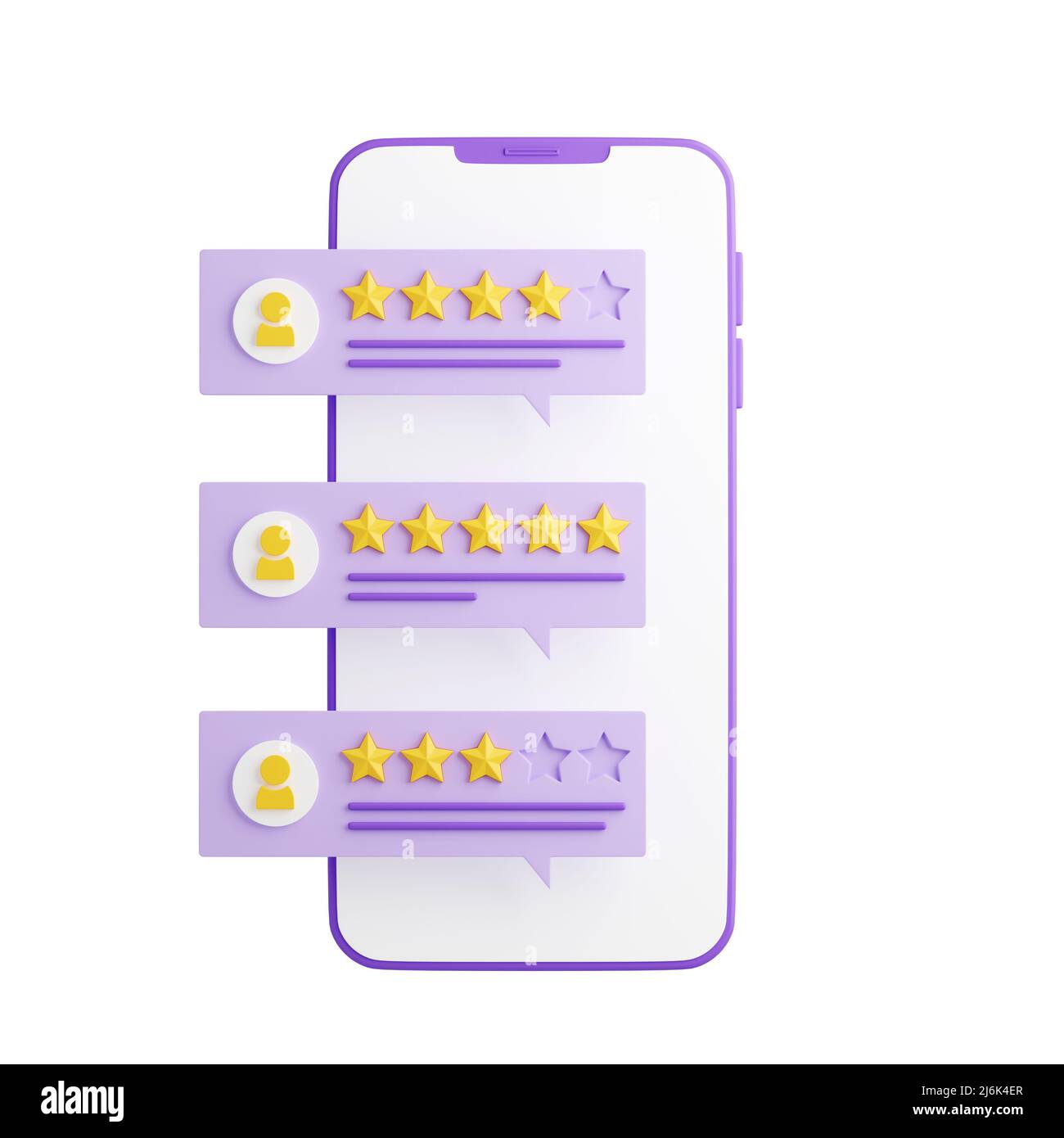 Illustration du rendu de l'avis du client 3D - téléphone mobile violet avec notation et commentaire sur la bulle de la parole. Évaluation de l'expérience utilisateur dans Personal a Banque D'Images