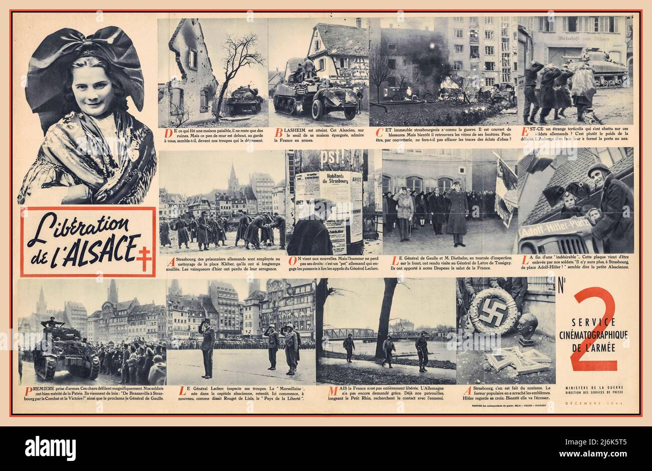 WW2 la libération de l'Alsace par l'Armée française libre - Service cinématographique des armes. N° 2 : affiche de propagande de la libération de l'Alsace Date 1945 Banque D'Images
