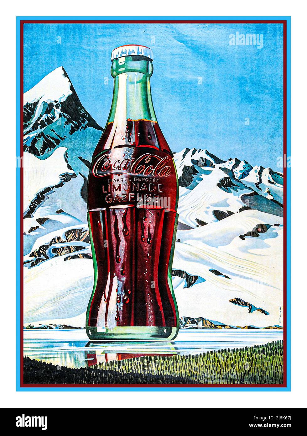 Affiche de bouteille Coca Cola classique vintage, en Suisse, env. 1940. Farblithografie. (Druck: Gebr. Maurer, Zurich) Date vers 1940 Banque D'Images