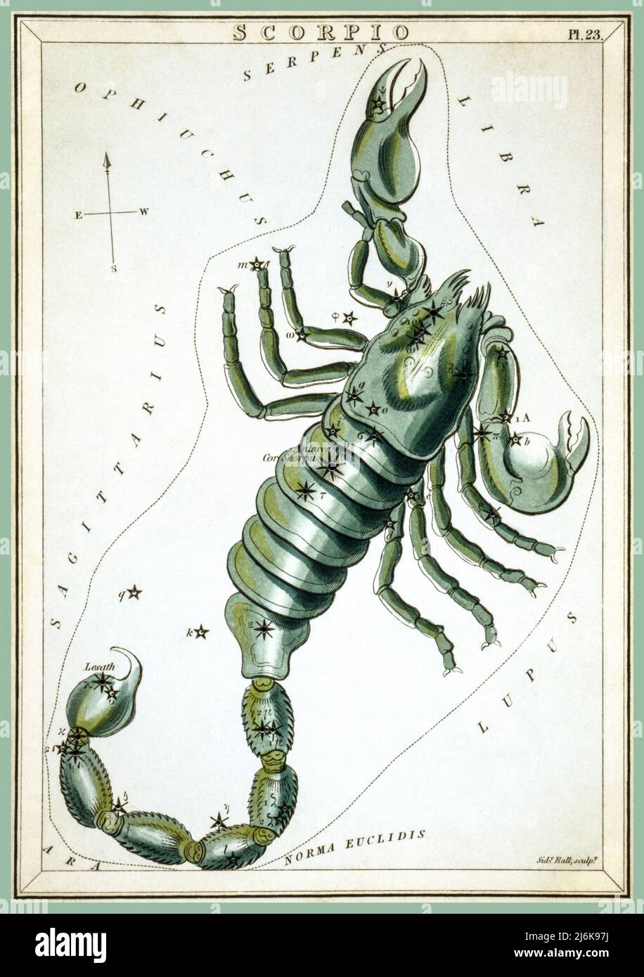 'Scorpio' Star Sign Vintage 1800s Retro Lithographe Illustration, plaque 23 dans le miroir d'Urania, un ensemble de cartes célestes accompagnées d'un traité familier sur l'astronomie ... par Jehoshaphhat Aspin. Londres. Carte astronomique, 1 impressions sur carton en couches : gravure, couleur main. Date 1825 salle de Sydney Banque D'Images