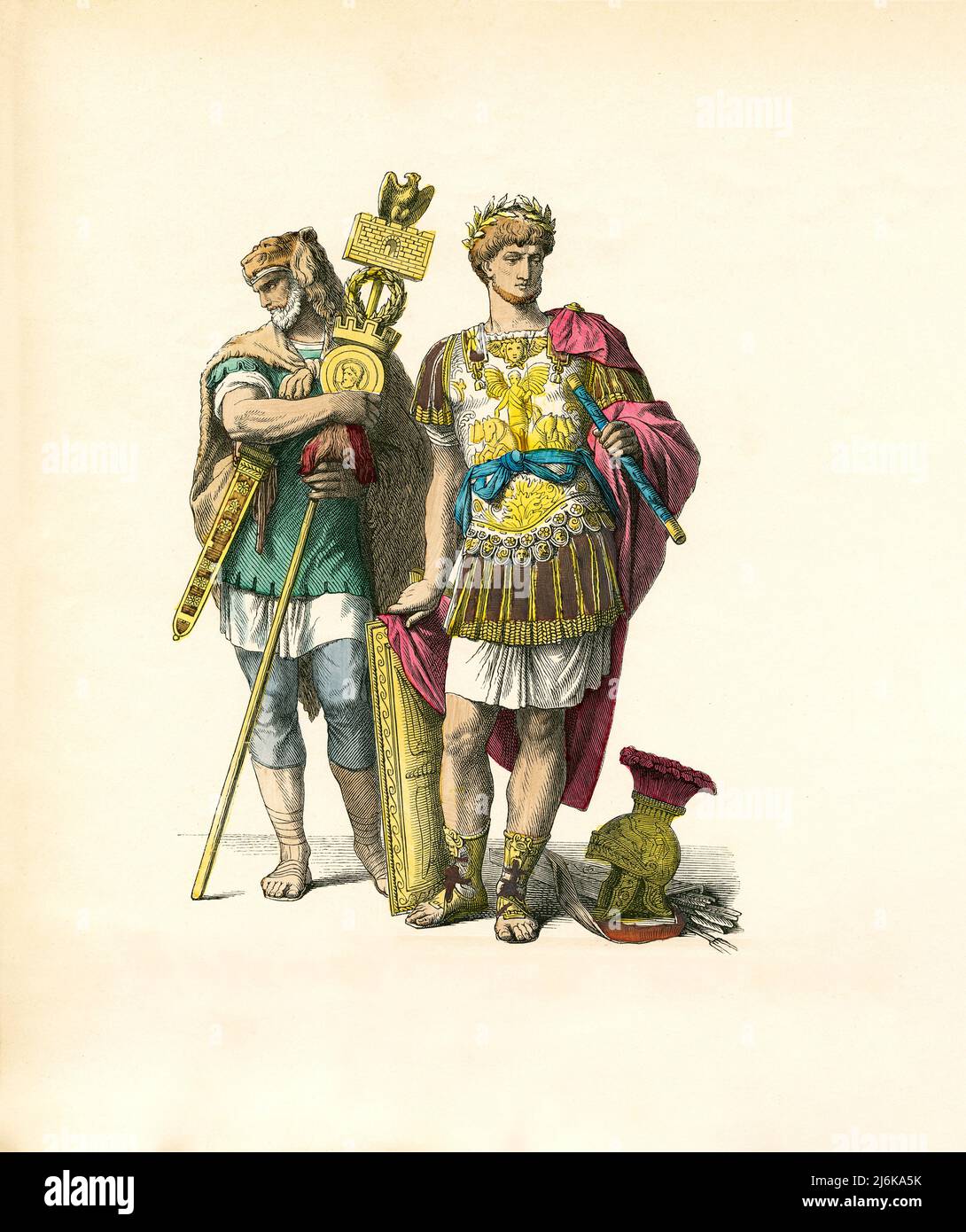 Porteur standard et général romain, Rome antique, Illustration, l'histoire du costume, Braun & Schneider, Munich, Allemagne, 1861-1880 Banque D'Images
