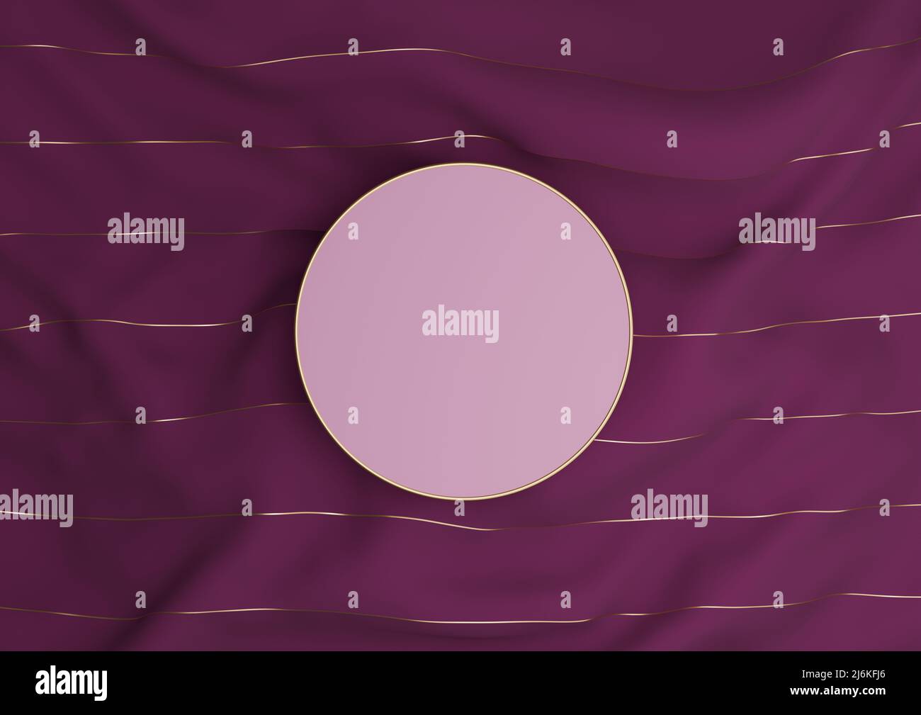 Magenta foncé, violet 3D rendant le produit de luxe afficher le podium ou le stand sur le textile avec des fils dorés composition simple dessus vue plat de l'abov Banque D'Images