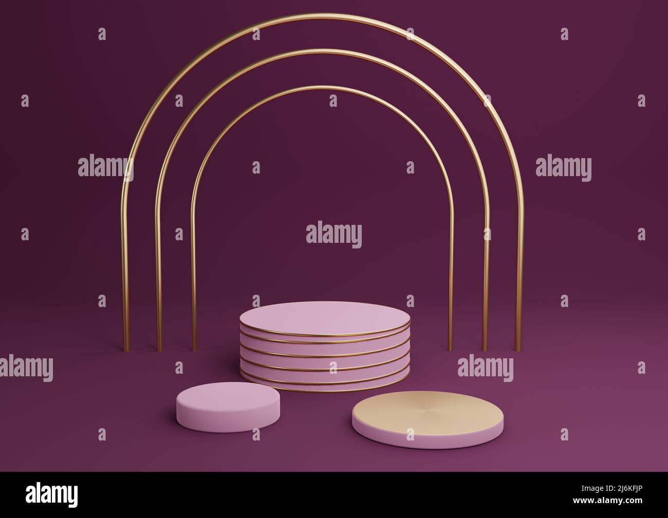 Magenta foncé, violet 3D rendu simple produit afficher cylindres podiums avec luxe or arc et lignes trois stands minimum d'arrière-plan résumé com Banque D'Images