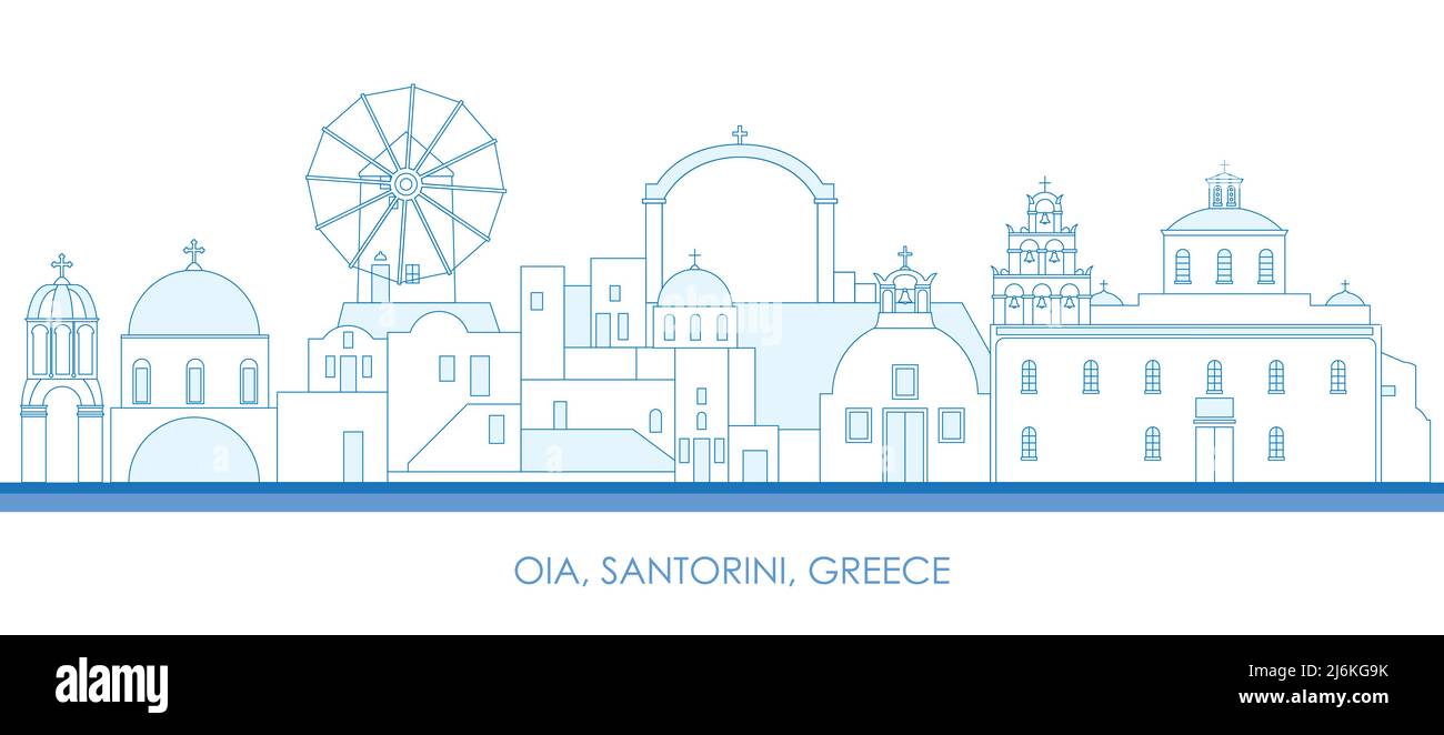 Aperçu Skyline panorama du village d'Oia, Santorini, Cyclades, Grèce - illustration vectorielle Illustration de Vecteur