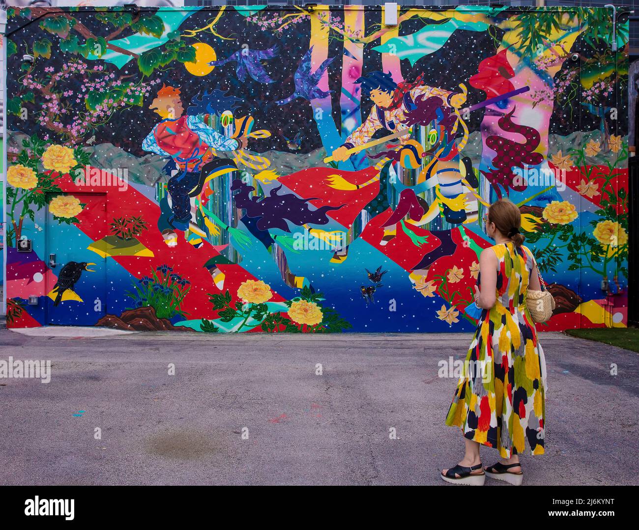 Une femme regarde l'art mural dans l'espace artistique de Wynwood Walls, Wynwood, Miami, Floride, États-Unis Banque D'Images