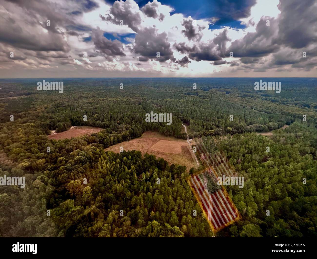 Parc national de Chattahoochee Bend, Newnan (Géorgie), 02 octobre 2021 – vue aérienne d'une zone d'atterrissage préparée au parc national de Chattahoochee Bend, Newnan (Géorgie), 02 octobre 2021. Les soldats de la Force de défense de l’État de Géorgie ont travaillé avec un hélicoptère civil exploité pour le bureau du shérif du comté de Meriwether afin de rechercher et de sauver une victime simulée de tornade. La formation a impliqué de multiples organismes permettant aux soldats d'acquérir une expérience inestimable de travail sur le site d'une catastrophe naturelle. Photo de la Force de défense de l'État de Géorgie par le Sgt. Kerry Hatcher Banque D'Images