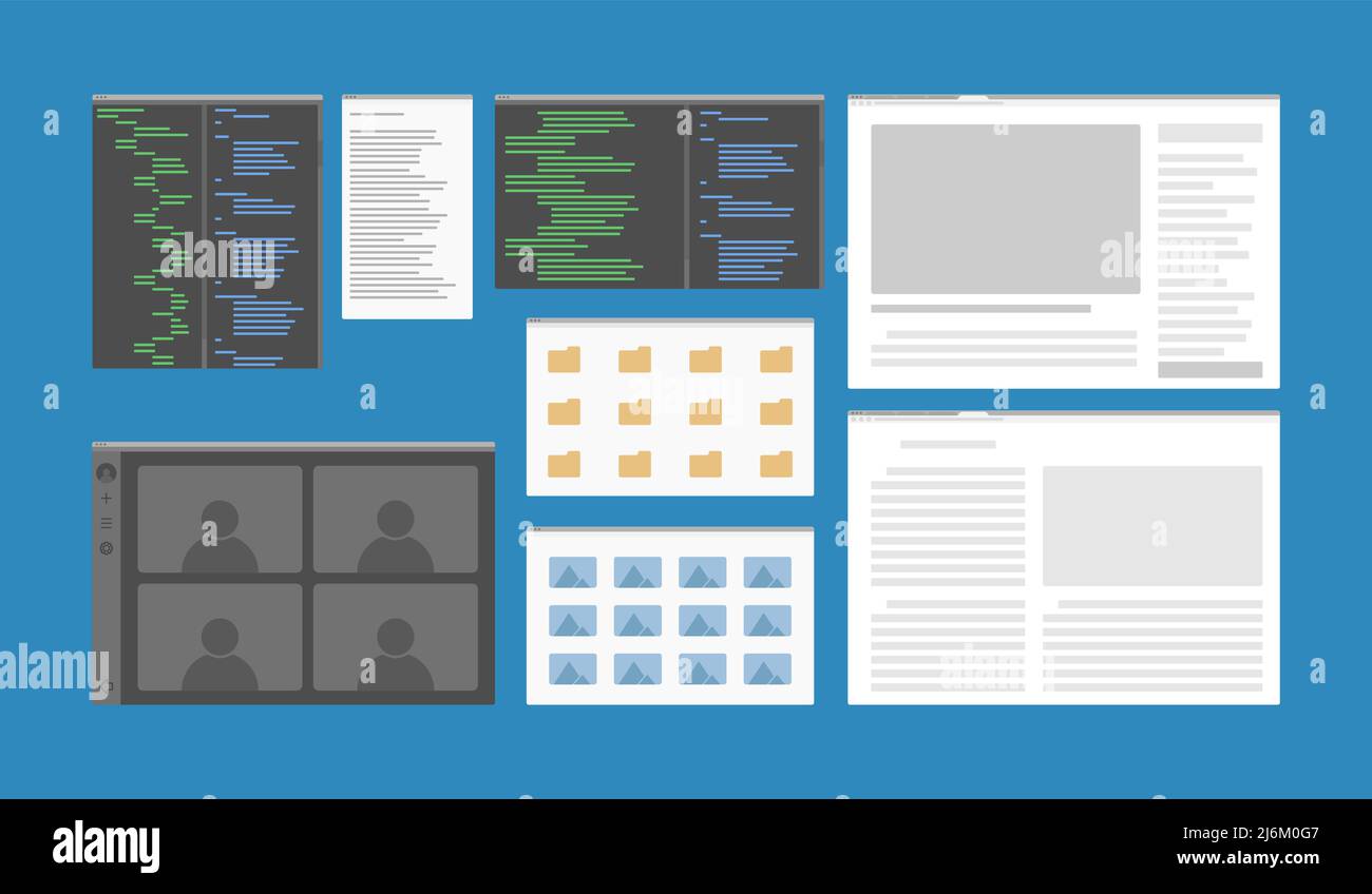 fenêtre de l'application de bureau définir navigateur de programmation dossier de visioconférence illustration vectorielle plate Illustration de Vecteur